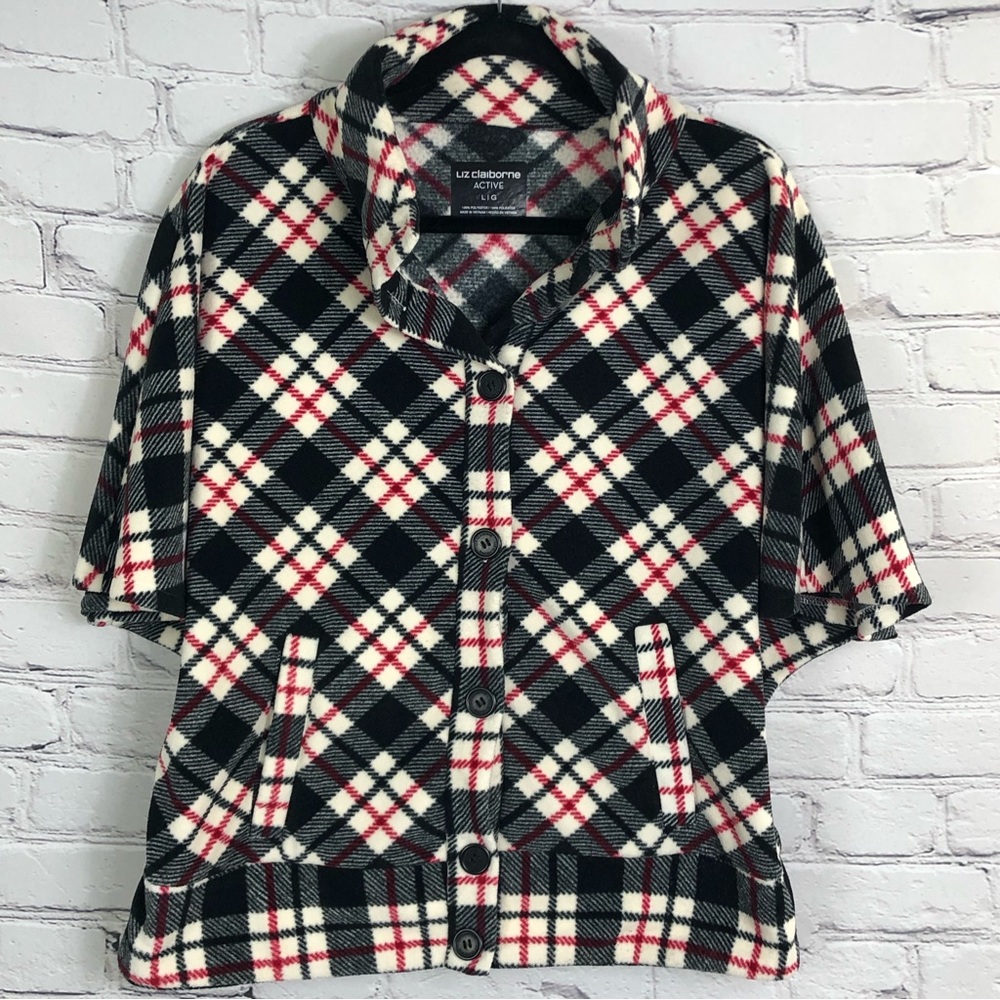 LIZ CLAIBORNE ACTIVE FLEECE PLAID RED/BLACK PONCHO/CAPE SIZE (L)